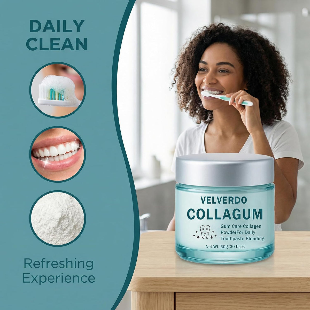 Velverdo Collagen Powder, Velverdo Gum Collagen, Collagum Hydroxyapatite Toothpaste Powder Strengthens Enamel & Gums, Natural Oral Care Formula (1Pcs)